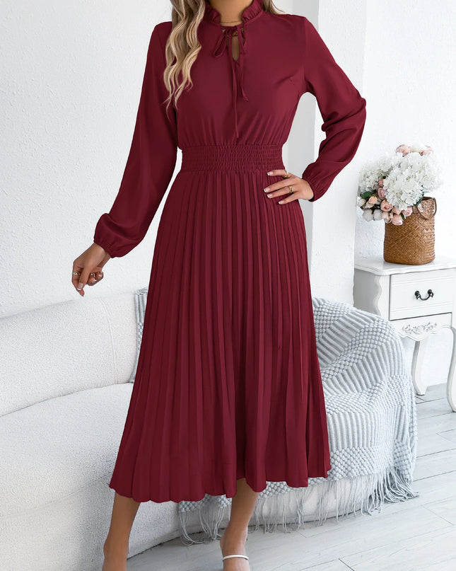 V Neck Lace Up Pleated Maxi Dress