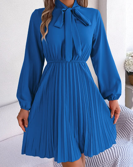 Bow Long Sleeve Chiffon Pleated Dress