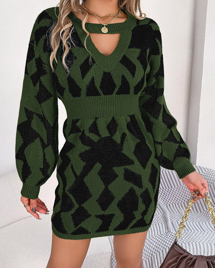 Hollow Out Lantern Sleeve Knitted Dress