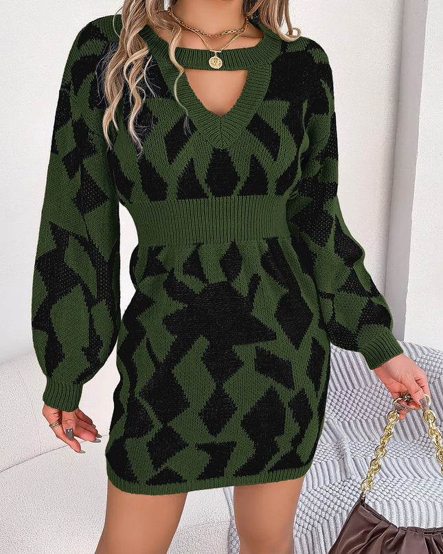 Hollow Out Lantern Sleeve Knitted Dress