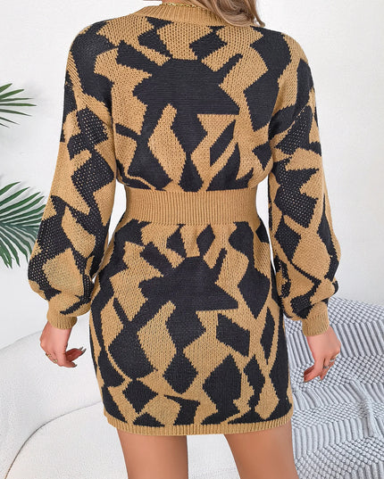 Hollow Out Lantern Sleeve Knitted Dress