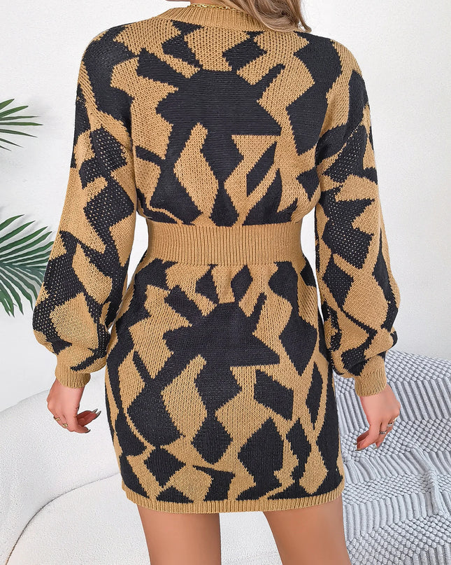 Hollow Out Lantern Sleeve Knitted Dress