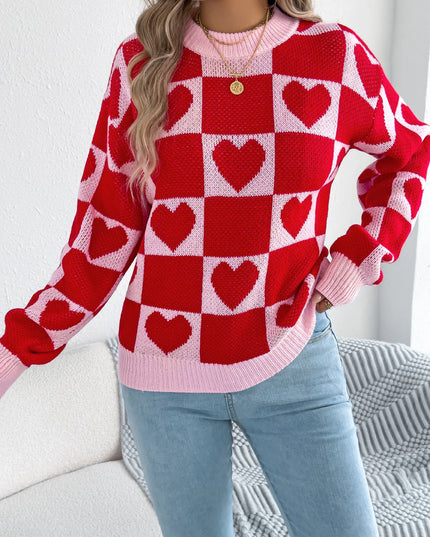 Plaid Heart Pattern Knit Sweater