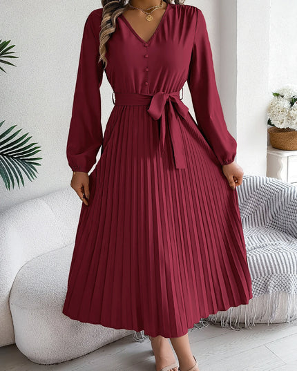 Button V Neck Lace Up Pleated Dress