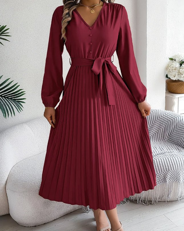 Button V Neck Lace Up Pleated Dress