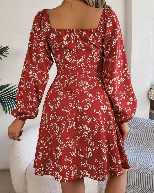Floral Square Neck Drawstring Dress