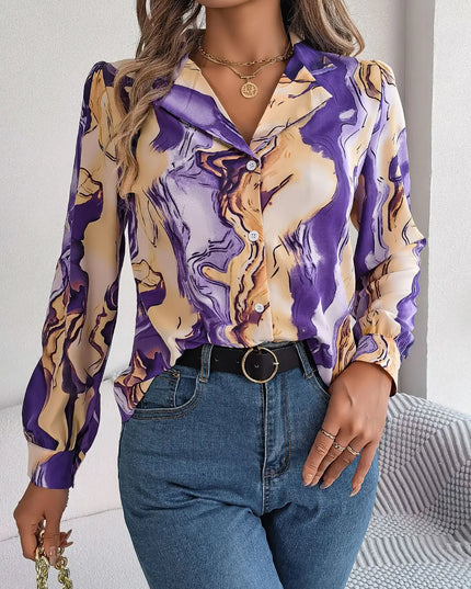 Notched Long Sleeve Single Breasted Blouse