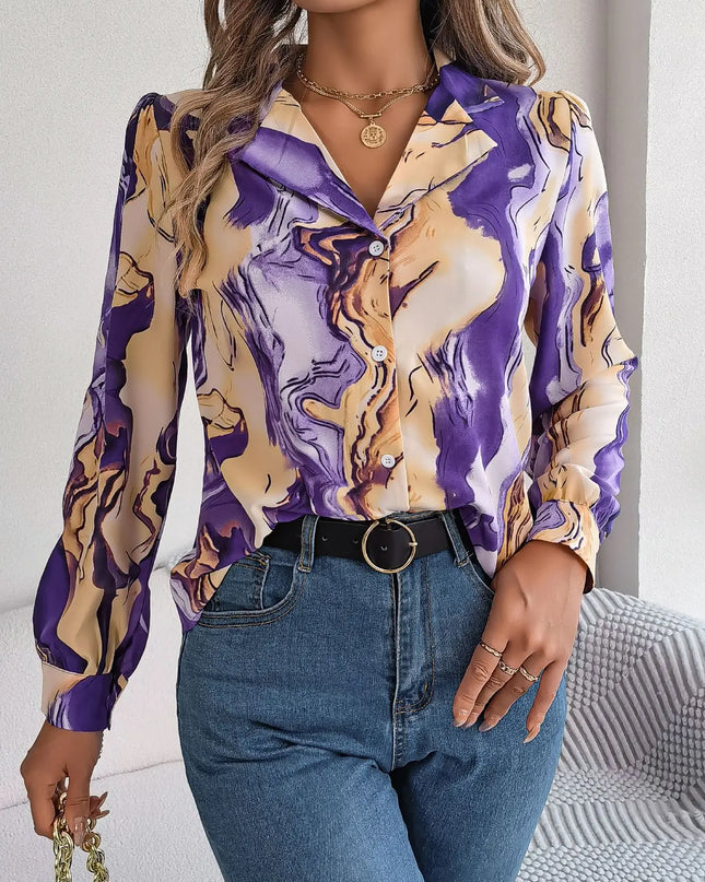 Notched Long Sleeve Single Breasted Blouse