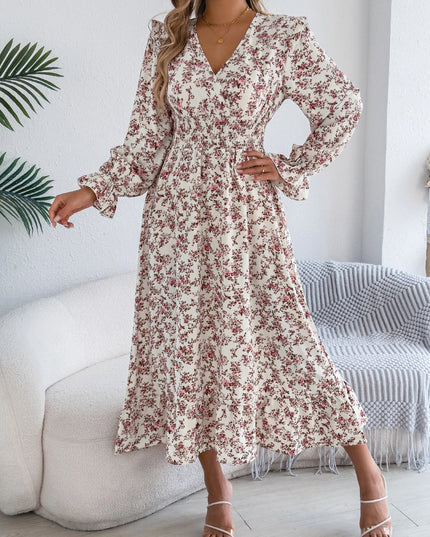 V Neck Floral Ruffled Maxi Dress