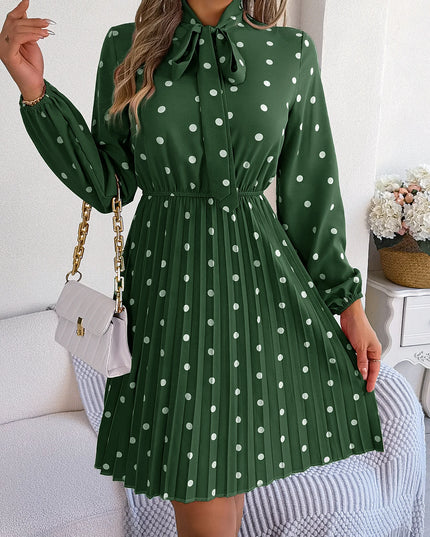 Polka Dot Lace-Up Pleated Dress