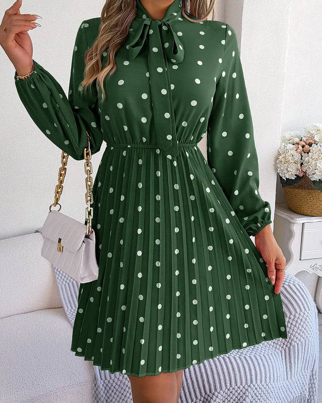 Polka Dot Lace-Up Pleated Dress