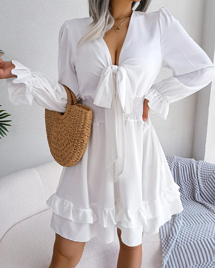 Bow Flare V Neck Ruffled Mini Dress