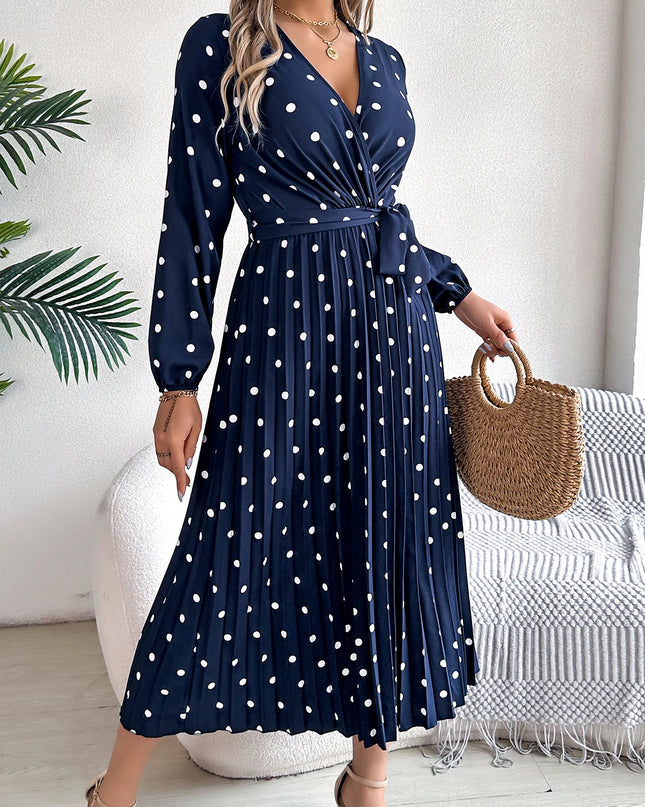 Cross V-Neck Polka Dot Long Dress