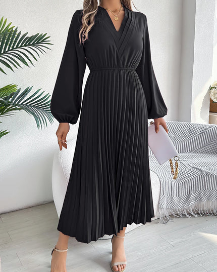 V Neck High Waist Pleated Maxi Dress