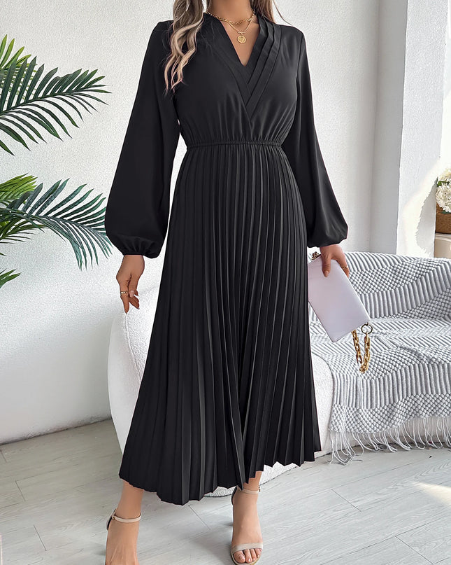 V Neck High Waist Pleated Maxi Dress