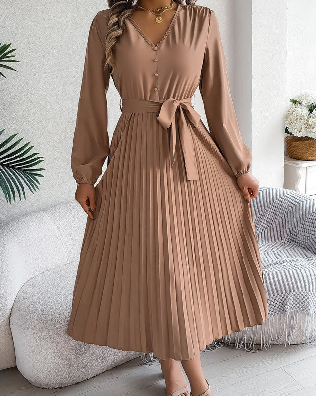 Button V Neck Lace Up Pleated Dress