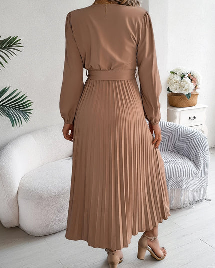 Button V Neck Lace Up Pleated Dress