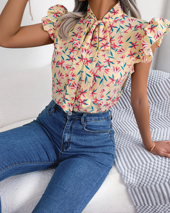 Floral Bow Ruffle Chiffon Blouse