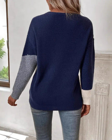 Color Block Round-Neck Knit Sweater