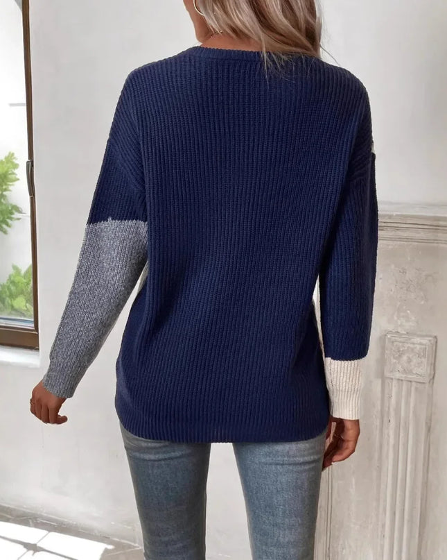 Color Block Round-Neck Knit Sweater