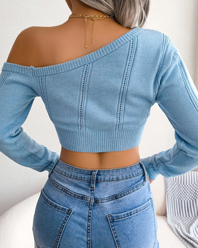 Off-Shoulder Hollow-Out Knit Crop Sweater