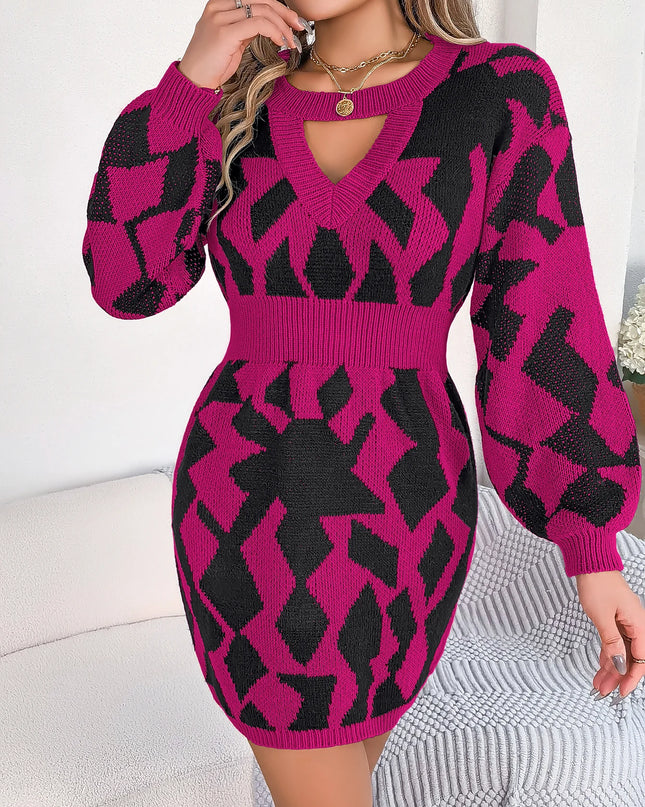 Hollow Out Lantern Sleeve Knitted Dress