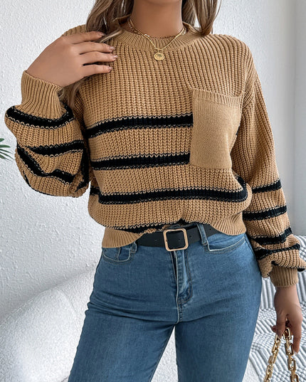 Pocket Striped Round Neck Sweater