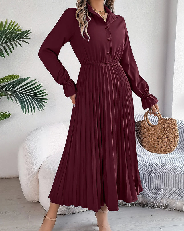 Solid Color Polo Neck Flare Dress