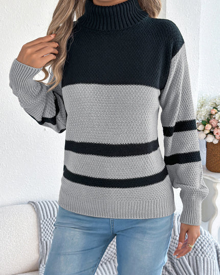 Striped Turtleneck Lantern Sleeve Sweater