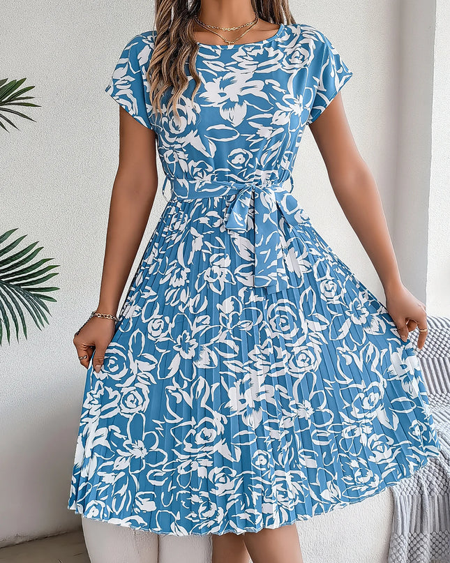 Elegant Flower Print Folded Dress
