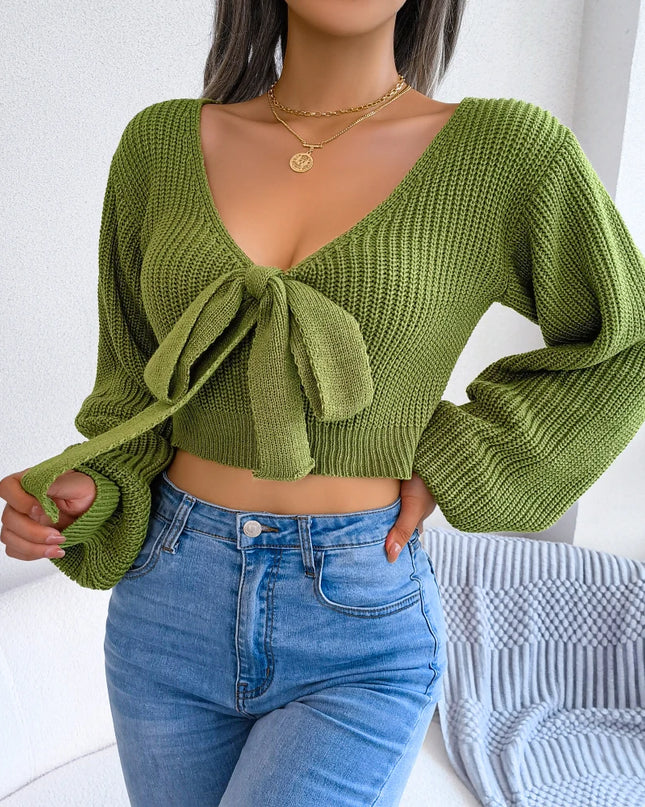 Bow Long Sleeve Knit Crop Top