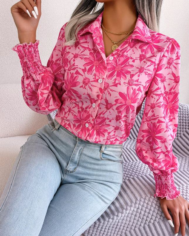 Floral Chiffon Lantern Sleeve Shirt