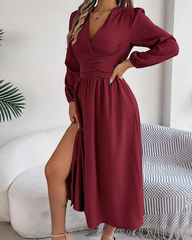 High Split V-Neck Long Sleeve Dress
