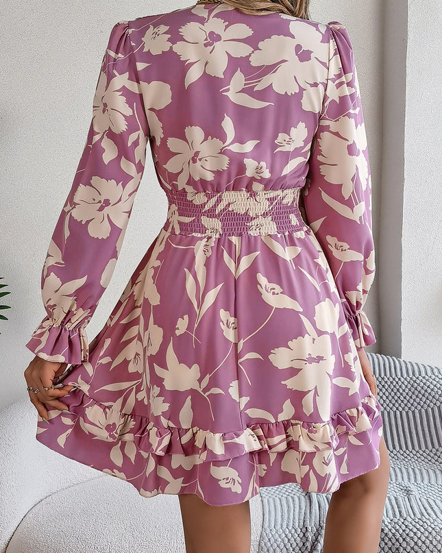Flower Print Tie Bow Long Sleeve Dress