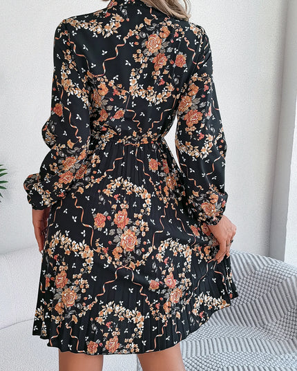 Flower Print Lace Up Bow Pleated Dress