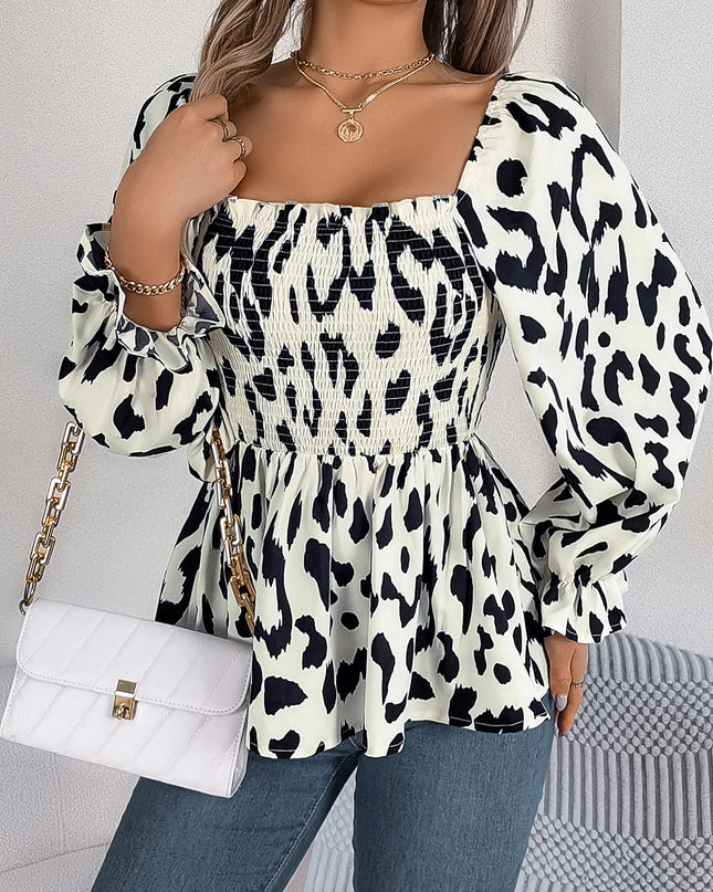 Square Neck Leopard Print Chiffon Blouse