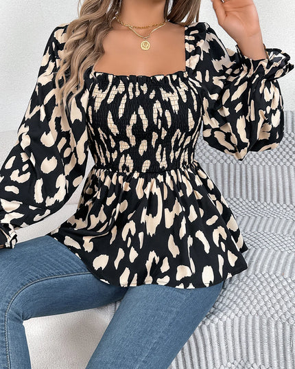Square Neck Leopard Print Chiffon Blouse