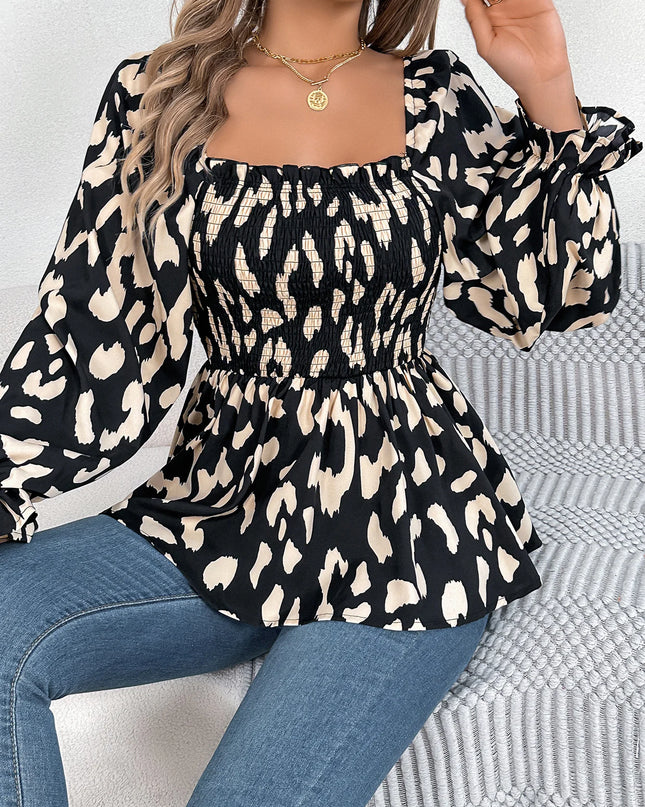 Square Neck Leopard Print Chiffon Blouse