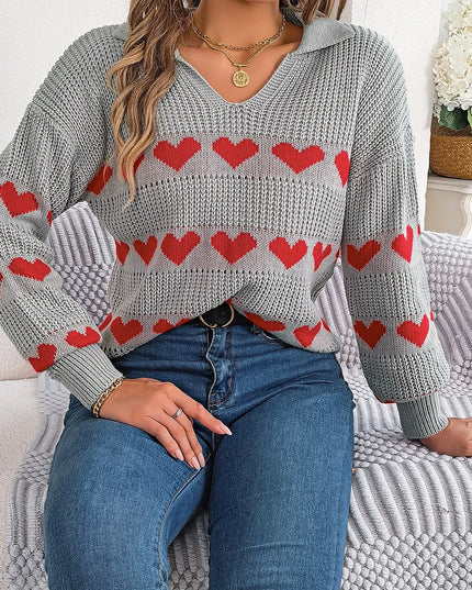 V Neck Heart Pattern Pullover
