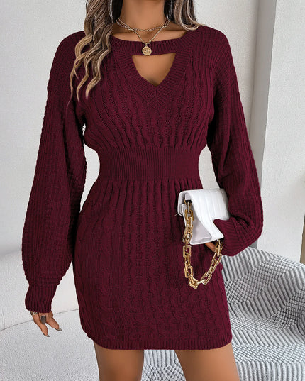 Hollow-Out Lantern-Sleeve Knit Dress
