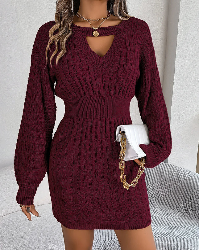 Hollow-Out Lantern-Sleeve Knit Dress