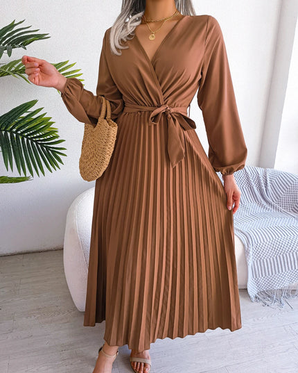 V Neck Pleated Maxi Dress