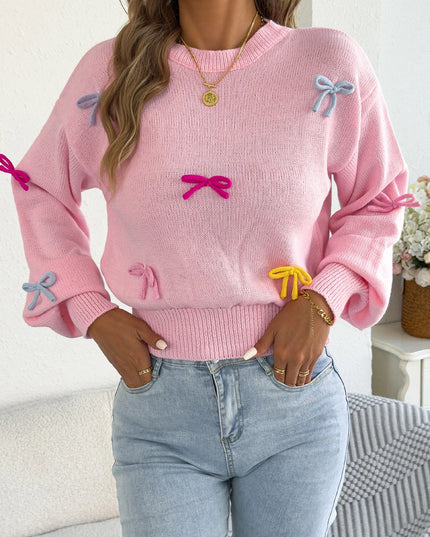 Contrast Bow Lantern-Sleeve Knit Sweater