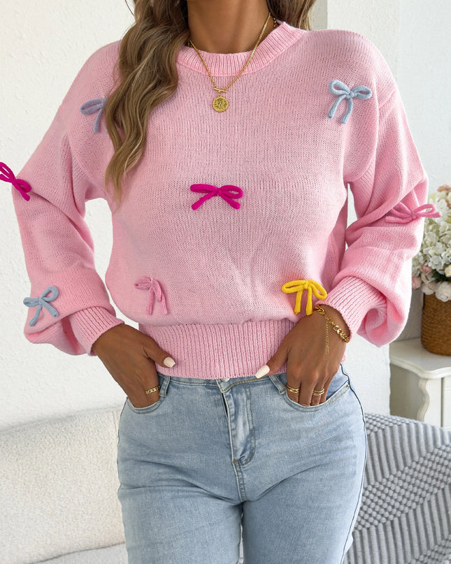 Contrast Bow Lantern-Sleeve Knit Sweater