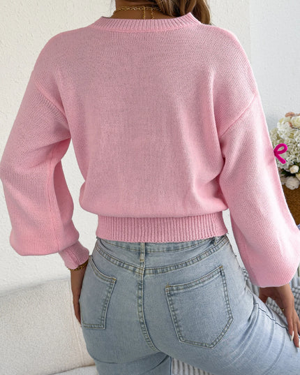 Contrast Bow Lantern-Sleeve Knit Sweater