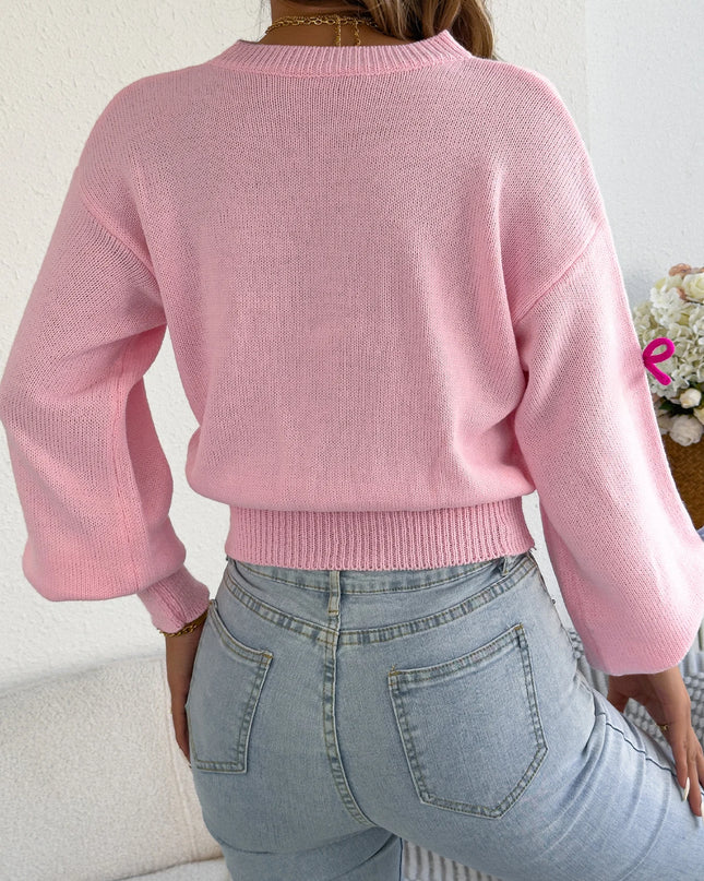 Contrast Bow Lantern-Sleeve Knit Sweater