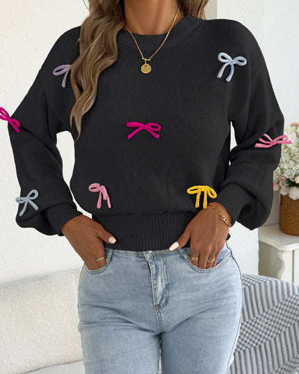 Contrast Bow Lantern-Sleeve Knit Sweater
