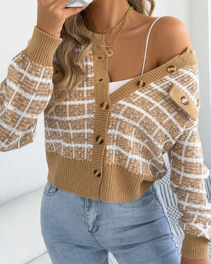 Contrast Plaid Knitted Cardigan