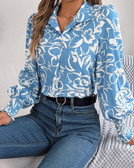 Flower Printed Lantern Sleeve Chiffon Blouse