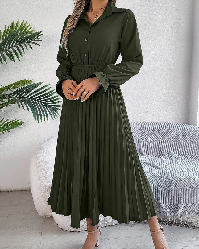 Solid Color Polo Neck Flare Dress